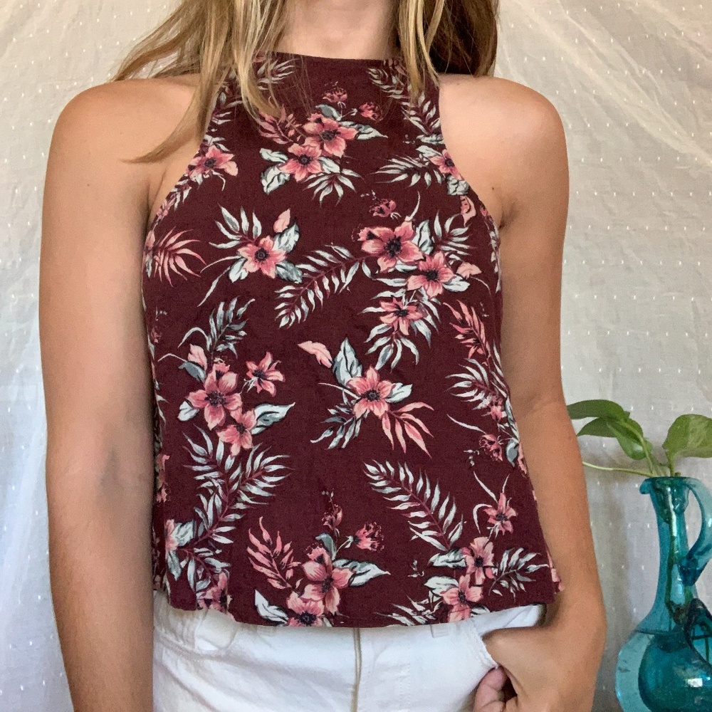 BDG tropical floral maroon cropped swing tank